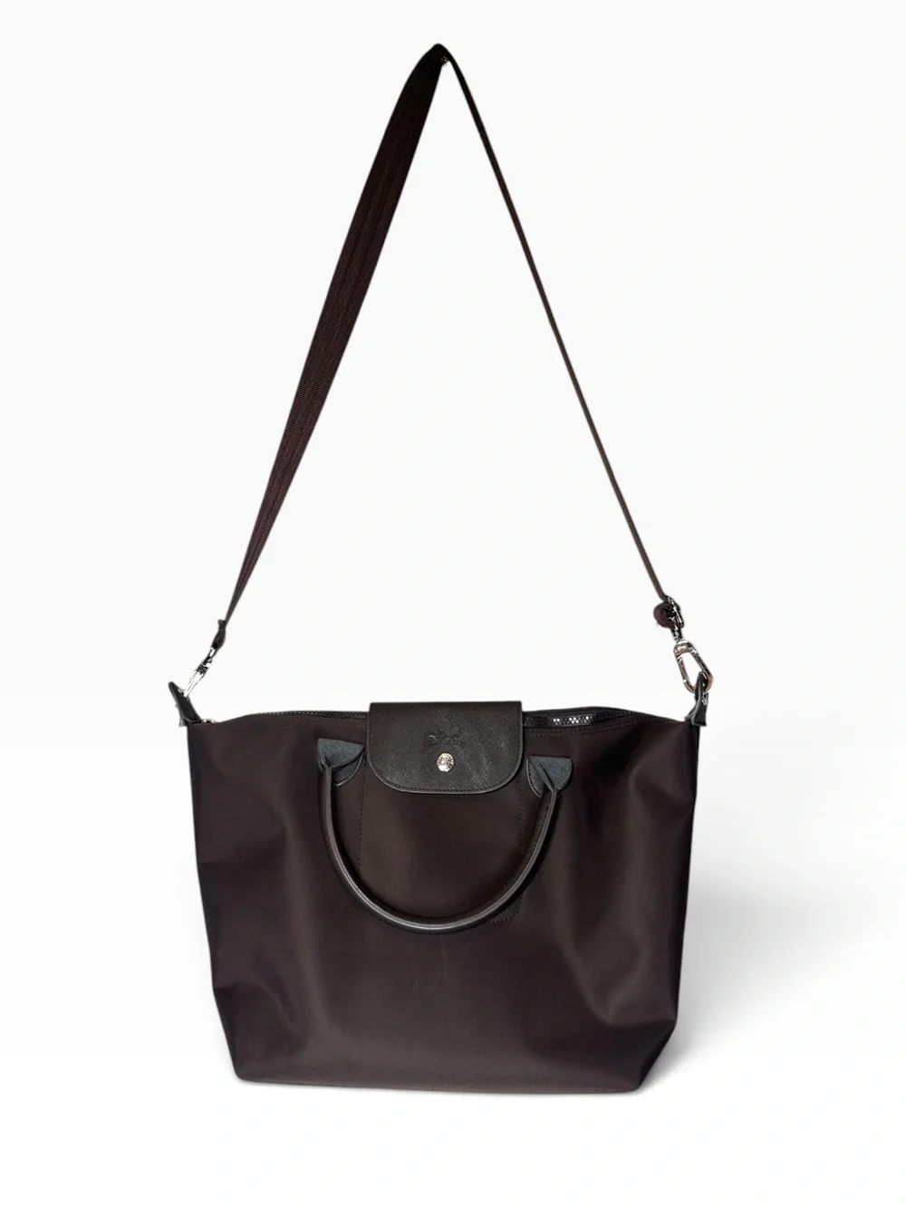 LONGCHAMP Le Pliage Original Dark Brown Tote Silver Hardware